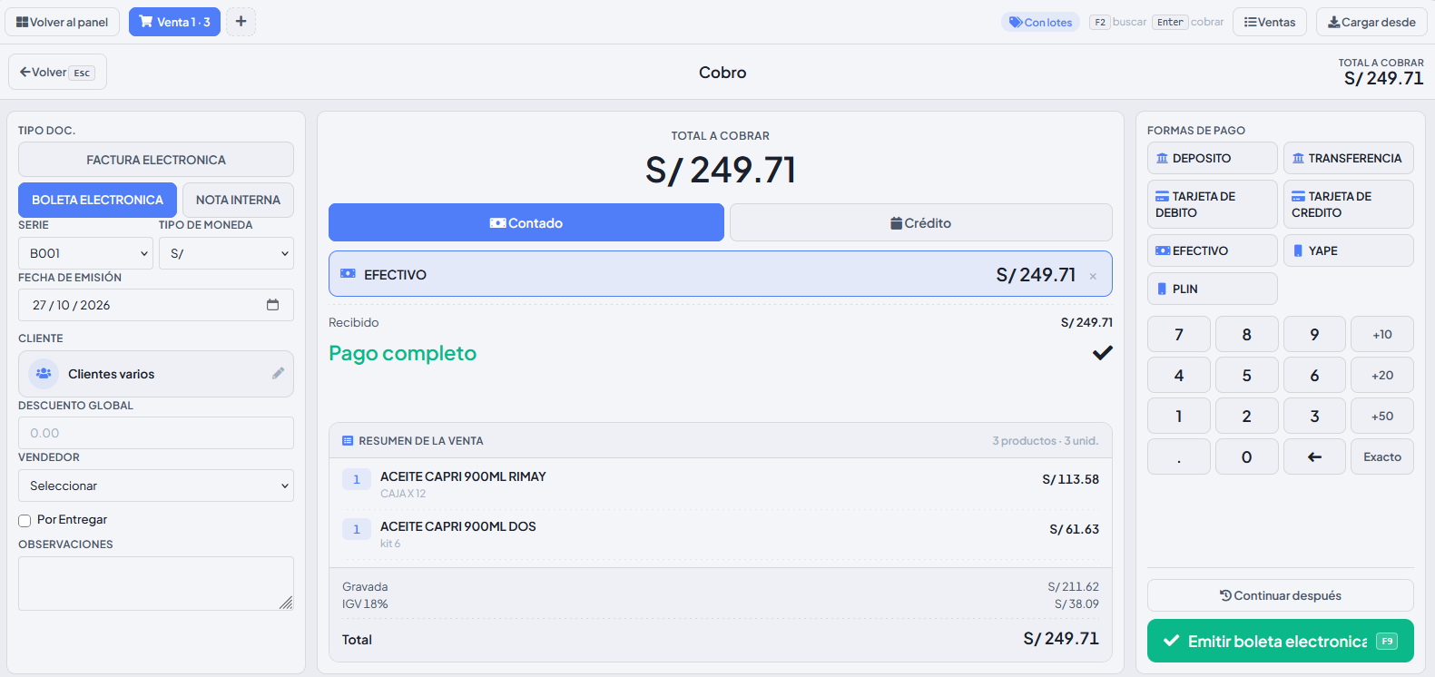 Pantalla de cobro de GESTIONE con tipo de comprobante, formas de pago y resumen de la venta